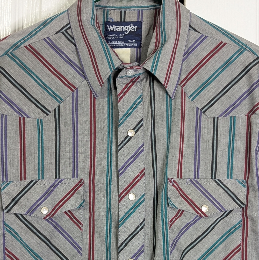 Vintage Wrangler Cowboy Cut Grey Stripe Western Pearl Snap Shirt #395 - Picture 2 of 6
